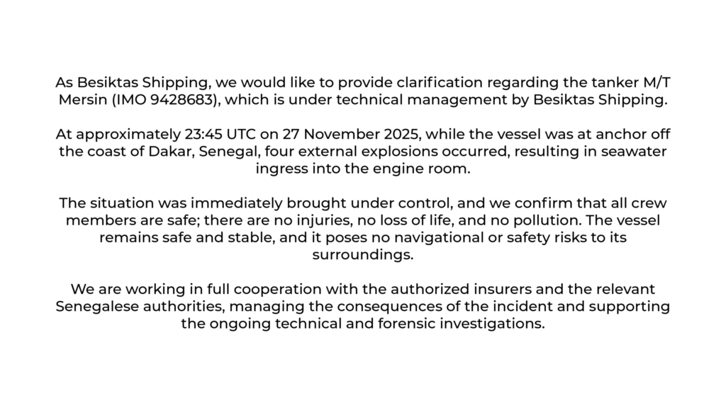 Mersin Tanker Hit By ‘External Explosions’ Off Senegal, Ship Manager Confirms