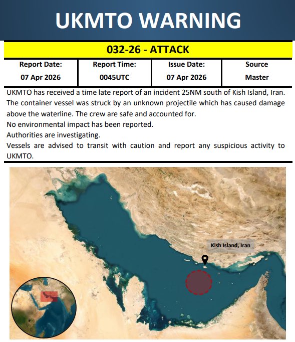 Container Vessel Hit by Projectile South of Iran’s Kish Island, Crew Safe, UKMTO Says
